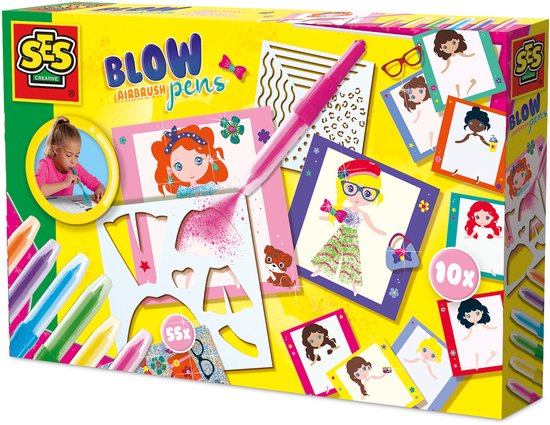 SES Creative - Blow Airbrush Pens - Fashion Designer - Knutselen Meisjes - 10 Fashion Kaarten - Wasbaar uit Kleding - Vanaf 5 jaar