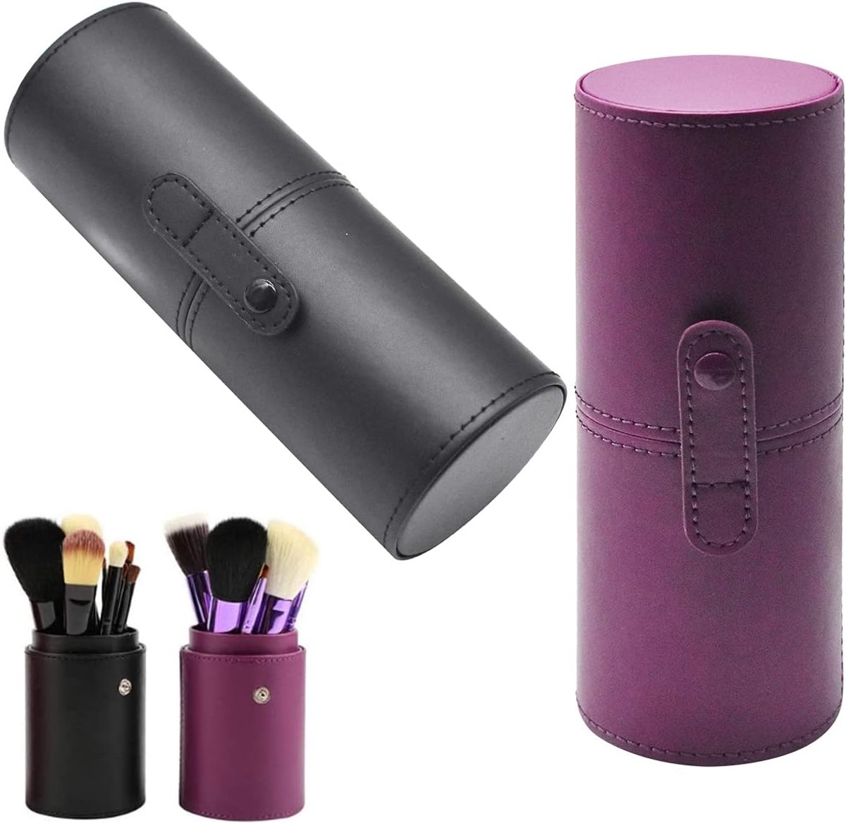 2 stuks - PU make-upkwasten emmers - zwart en paars - 6.8 x 17.6cm - voor kwasten tot ongeveer 16 cm lang - Stevige en stijlvolle opbergdoos voor make-upkwasten - ideaal voor thuis of op reis (kwasten niet inbegrepen)
