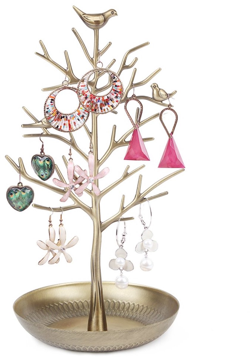 FSROOMZ boom sieradenstandaard met vogeldecoratie, kettingstandaard sieradenboom voor kettingen, ringen, oorbellen, damesarmbandstandaard, sieradenhouder, oorbelhouder, metalen sieradenopberger voor meisjes en vrouwen (antiek cyaan)