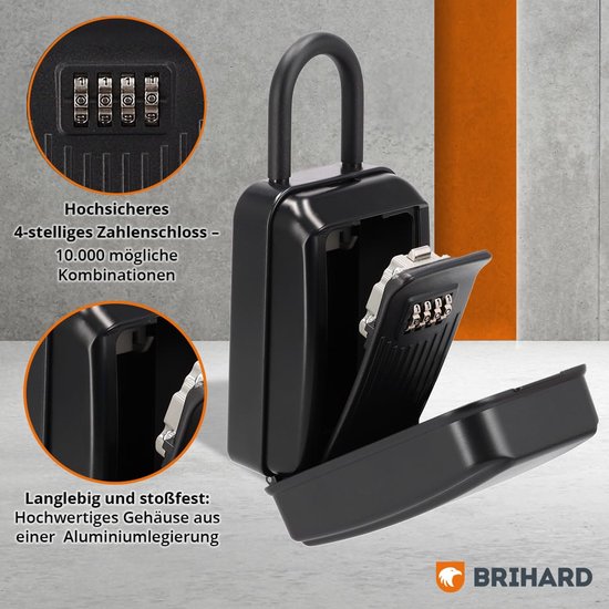 Boîte à clés noire Brihard avec serrure à 4 chiffres. Haute sécurité et durable, fabriquée en alliage d'aluminium.