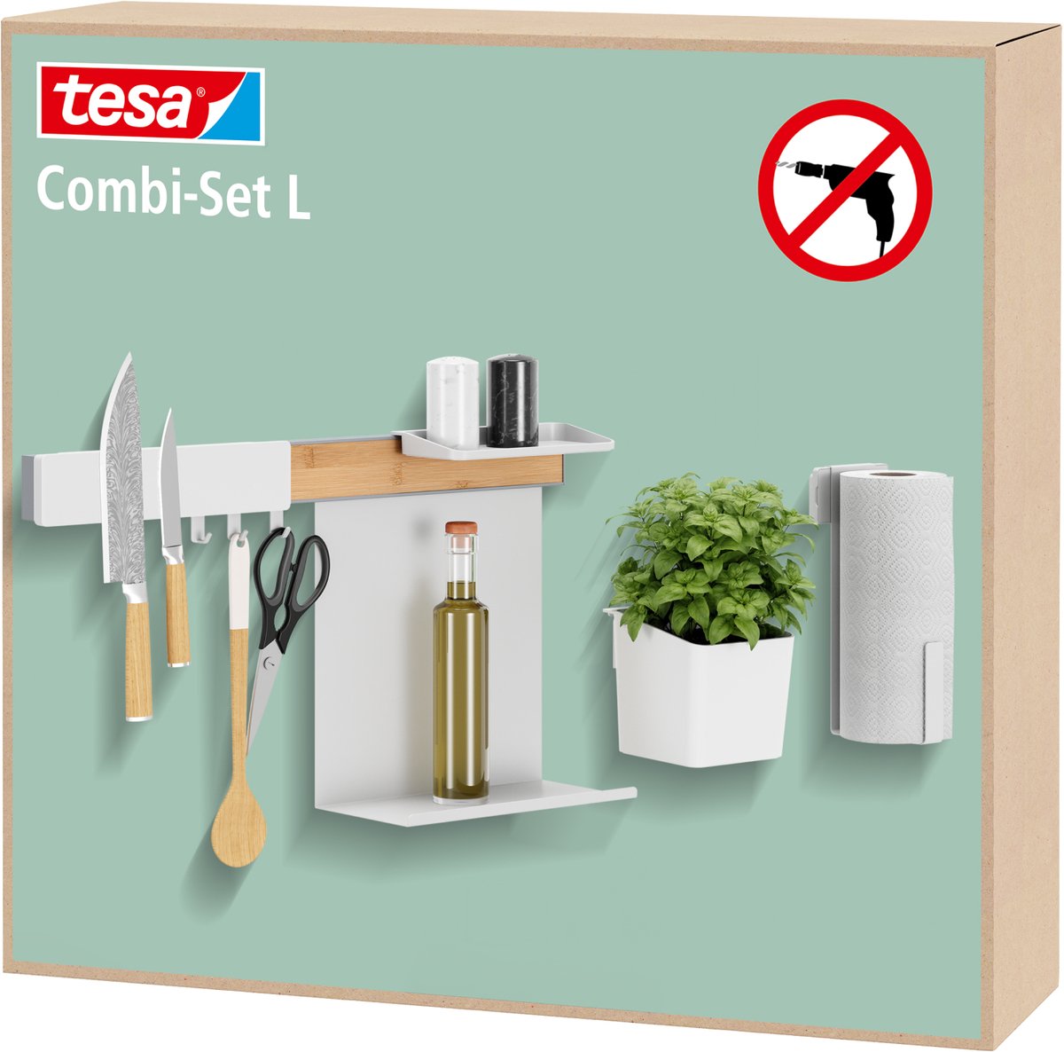 tesa keukenorganizer set L strip bamboe wit met pot planken houder keukenrol – keuken