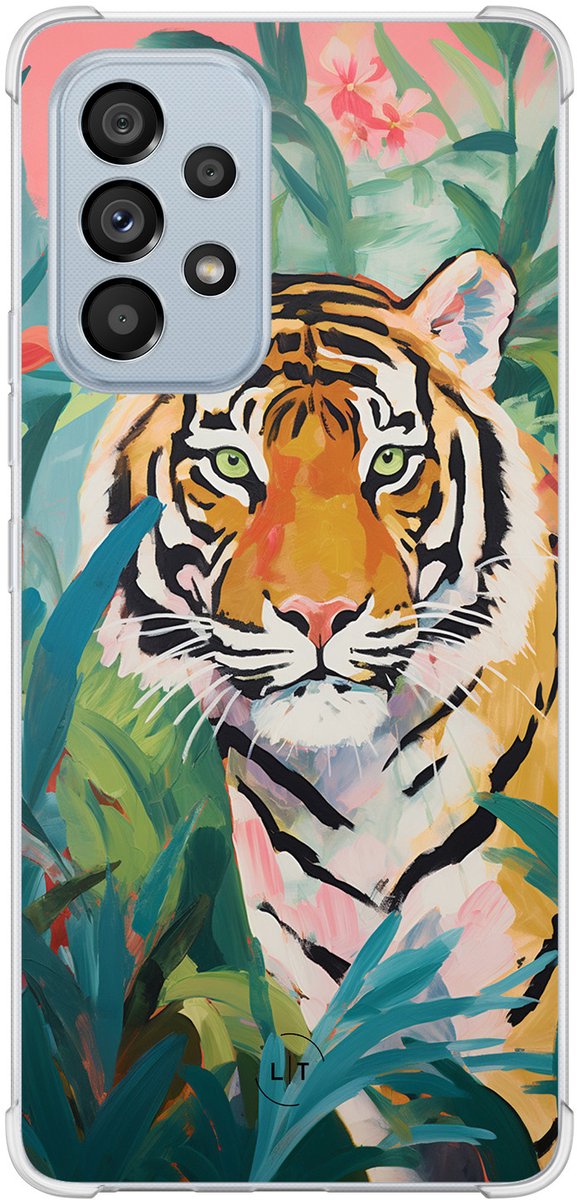 Shockproof hoesje - Geschikt voor Samsung Galaxy A53 - Tijger in de jungle - Extra sterke case - TPU/polycarbonaat - Print / Illustratie - Multi, Transparant