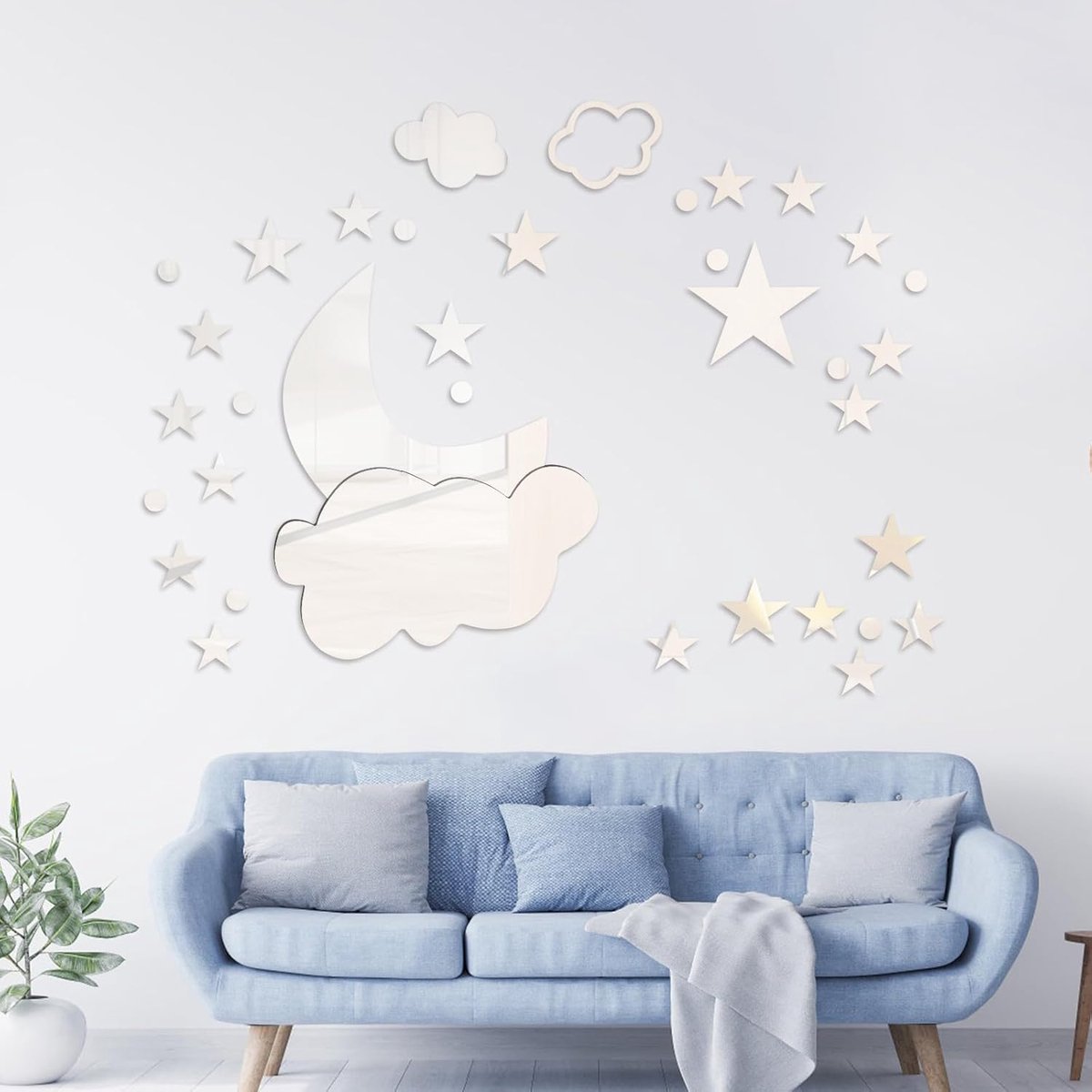 36st Acryl Spiegel Muurstickers, Zilver Wolk Maan Ster Spiegel Muurstickers 3D Acryl Spiegel Stickers Sterren en Maan Muursticker voor Thuis Kantoor Klaslokaal Decoratie