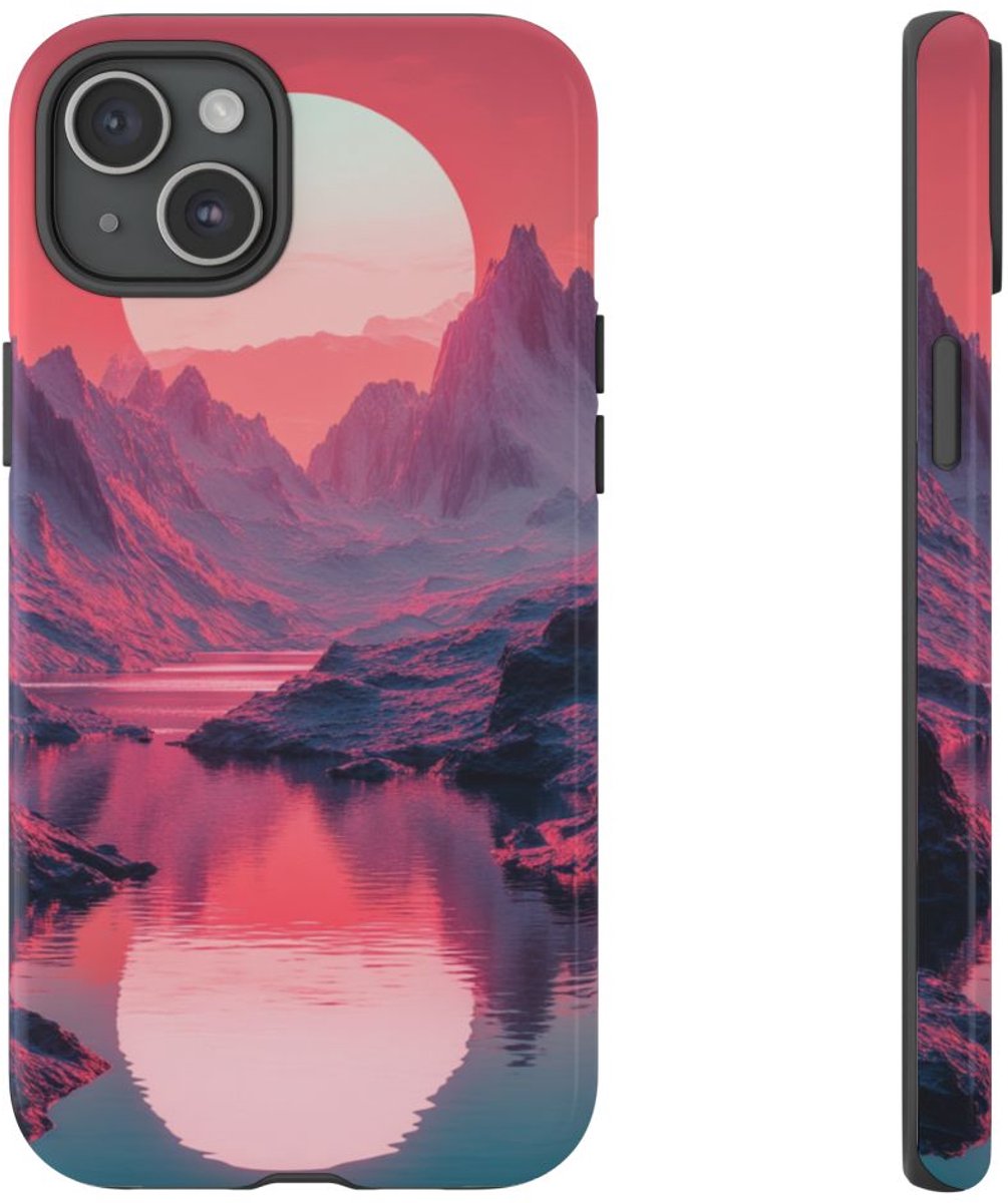Roze Zonsondergang boven Bergen en Rivier – Telefoonhoesje Geschikt voor iPhone 15 Plus