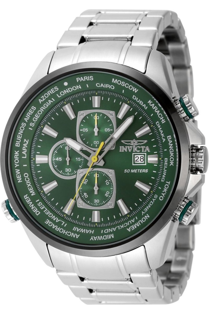 Invicta Aviator 49078 Heren Horloge - Waterdicht - Analoog - Quartz Uurwerk - Roestvrij Staal met groene Wijzerplaat - 50mm