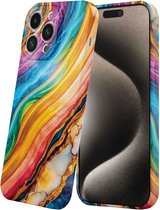 Smartphonica Telefoonhoesje Geschikt voor iPhone 15 Pro Max met Regenboog Goud Marmer Opdruk - Flexibel Softcase TPU - Backcover Case Rainbow Gold Marble Design geschikt voor iPhone 15 Pro Max