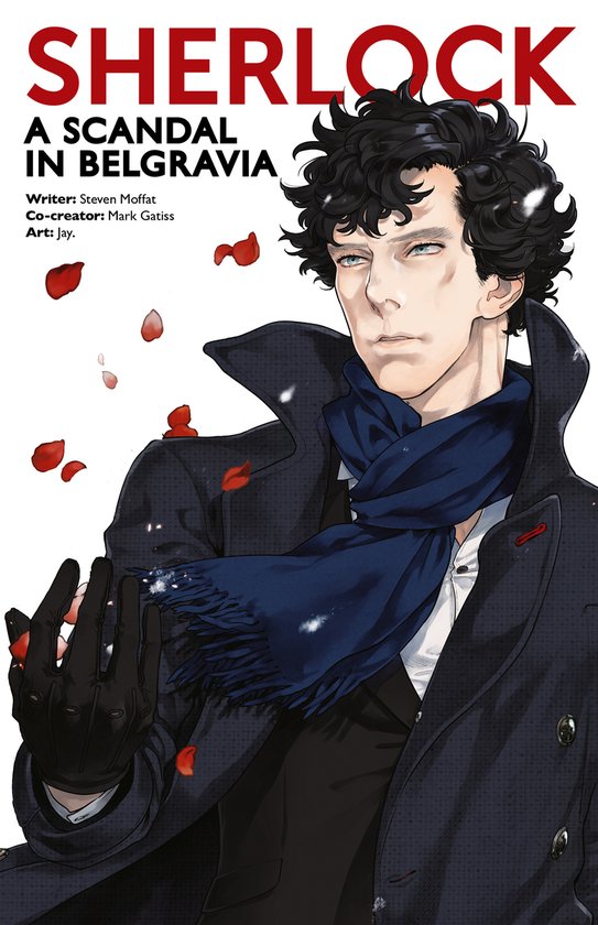 Sherlock A Scandal in Belgravia stripboek met Sherlock Holmes met warrige zwarte krullen, een blauwe sjaal en een zwarte jas, met rode bladeren die rondvliegen.