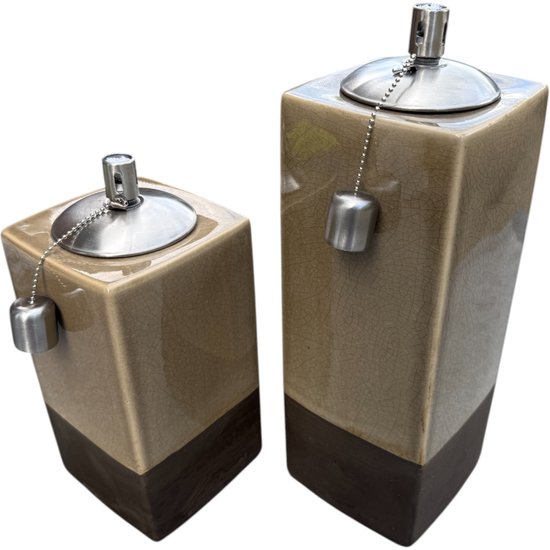 Set van 2 Luxe Keramische Olielampen voor Buiten – Beige/Bruin – 12 x 12 x 26 cm & 12 x 12 x 34 cm — afbeelding 3