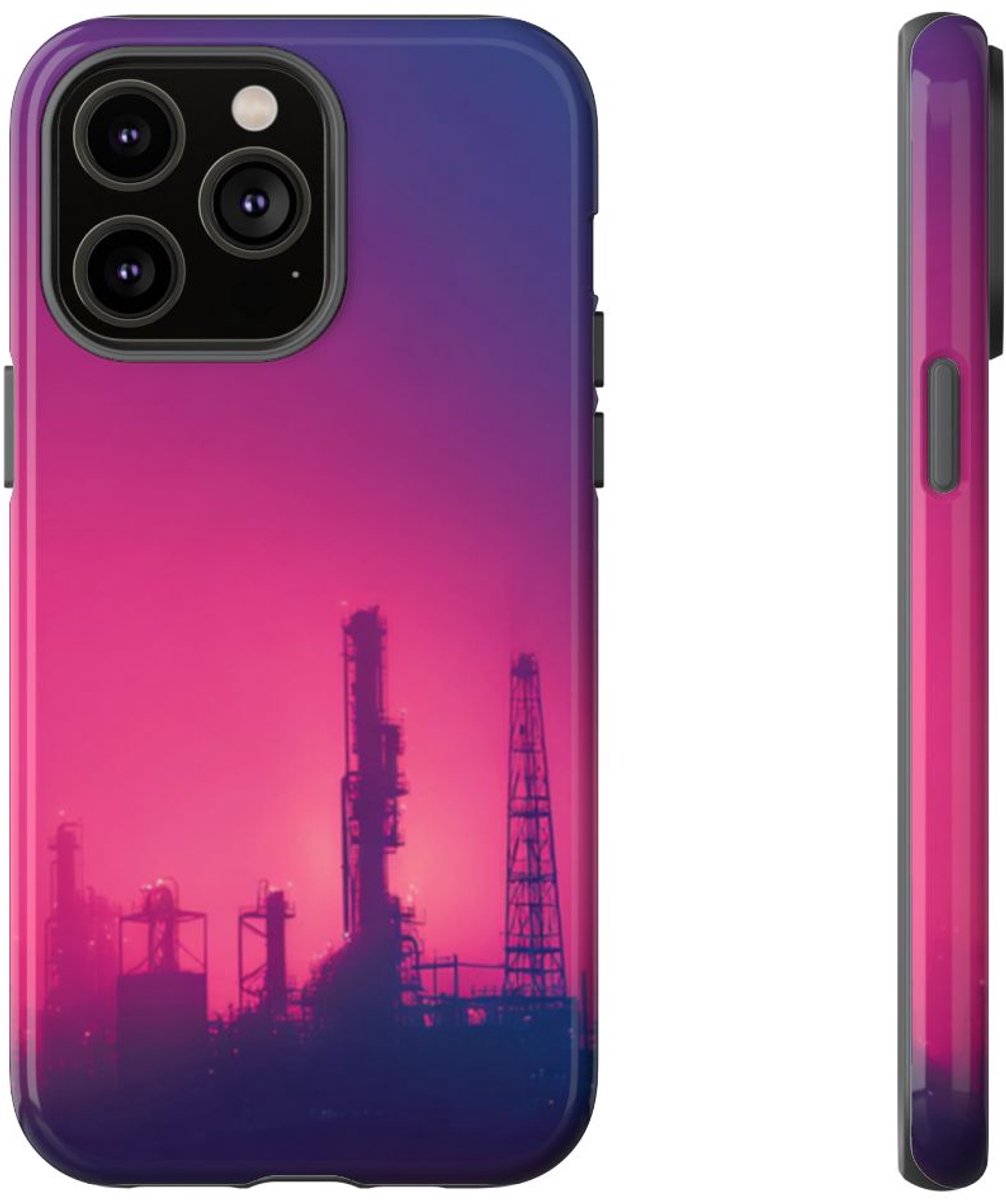 Industrieel Silhouet met Neon Gloed – Telefoonhoesje Geschikt voor iPhone 14 Pro Max