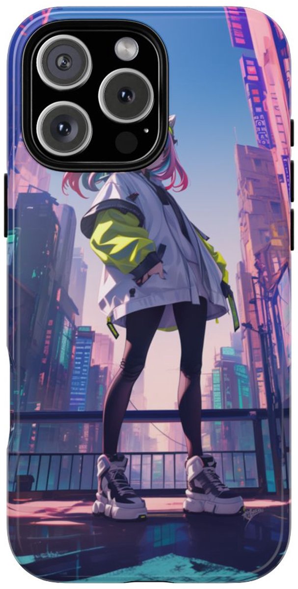 Meisje met Roze Haar in Neonstad – Telefoonhoesje Geschikt voor iPhone 16 Pro Max