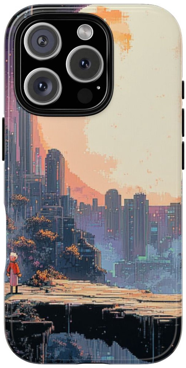 Pixel Art Stadsgezicht met Grote Maan – Telefoonhoesje Geschikt voor iPhone 16 Pro