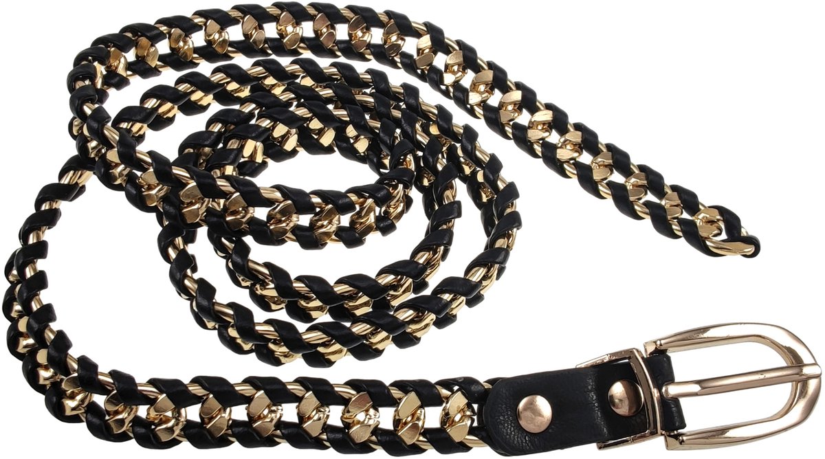 Damesriem Cubaanse Stijl - Goudkleurige Metalen Kettingriem met Kunstleren Detail - Verstelbaar 103cm