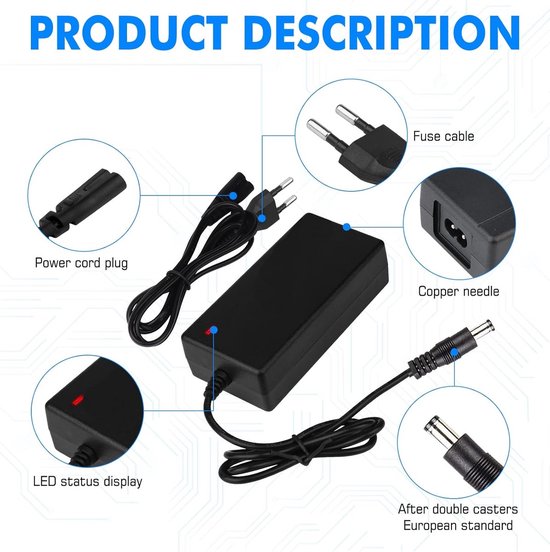 Elektrische fietslader - Elektrische scooterlader - Elektrische fietslader met 6 batterijladerconnectoren - Universele lader 36V/42V 2A - Batterijlader - voor hoverboard, drift trike, elektrische scooter, hoverboard, balance car - Max. 84W van Merkloos — afbeelding 2