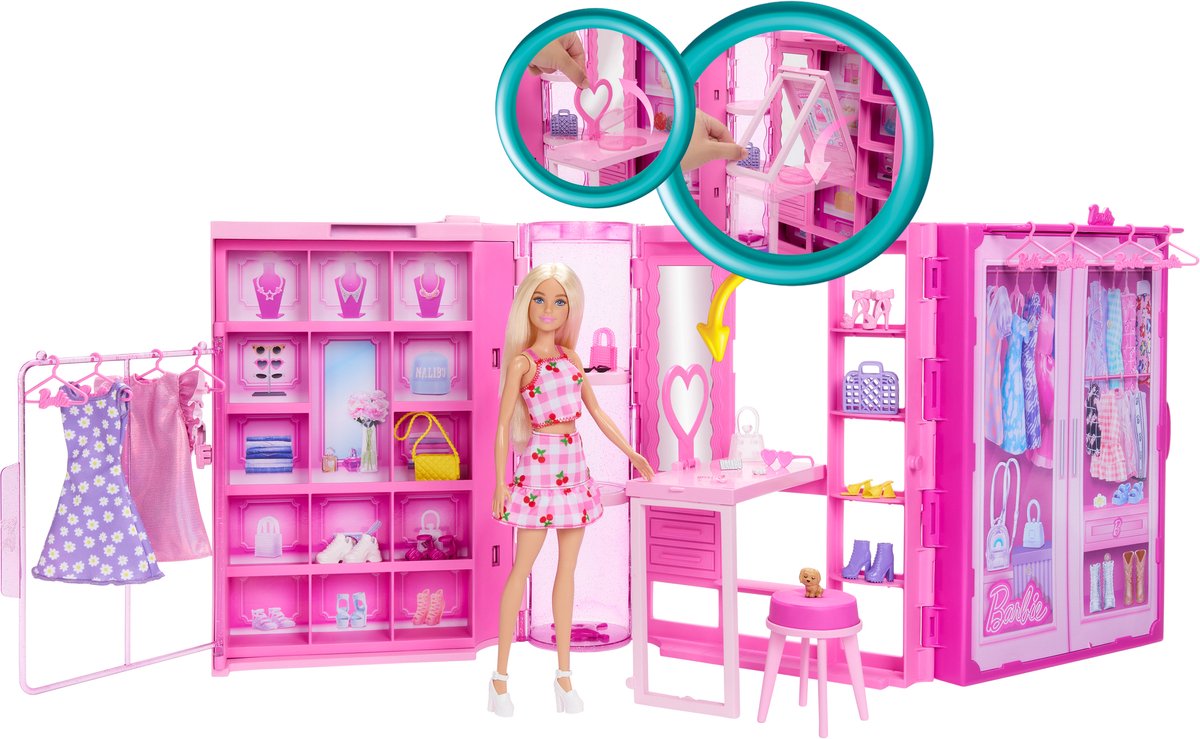 Barbie Super Kledingkast – Modepop met 25+ Stukken, Roze Glitterkast & Kaptafel — afbeelding 5