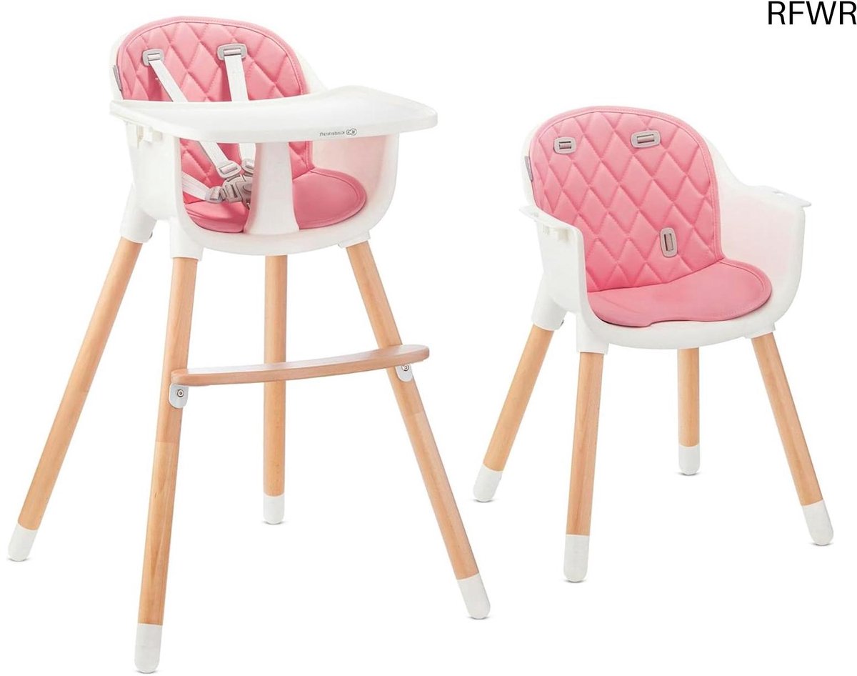 RFWR® 2-in-1 Hoge Kinderstoel met Houten Poten en Verstelbare Veiligiheidsgordel – Meegroeistoel voor Peuters en Kleuters