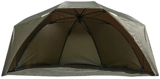 Olijfgroene visbrolly, van voren gezien, op een witte achtergrond.