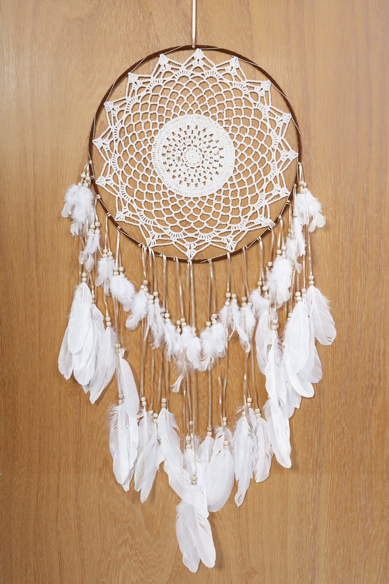 KIMU® Dromenvanger Groot Bruin Wit - Dreamcatcher Veren Macramé - Bohemian Ibiza Kinderen Boho Babykamer Buiten Kado Meisjeskamer Veertjes Festival