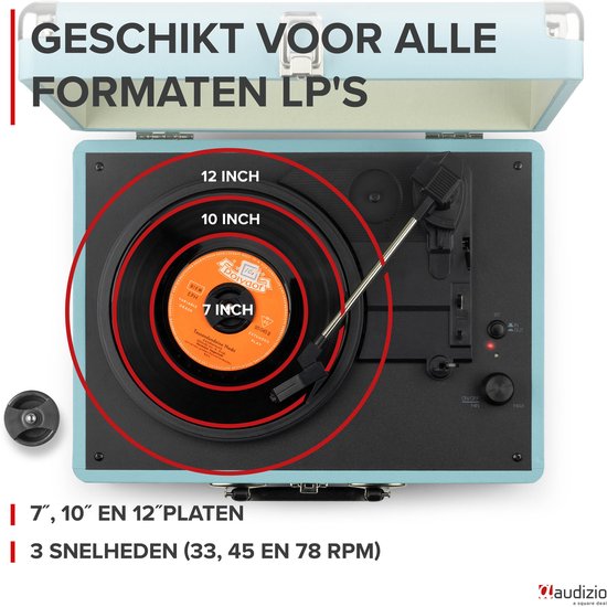 Retro platenspeler met platenkoffer - Audizio RP116BL - Platenspeler Bluetooth - Met speakers - Blauw — afbeelding 5