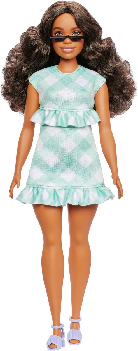 Barbie Pop - Pop met Donkerbruin haar en groen geruit jurkje - Modepop — afbeelding 2