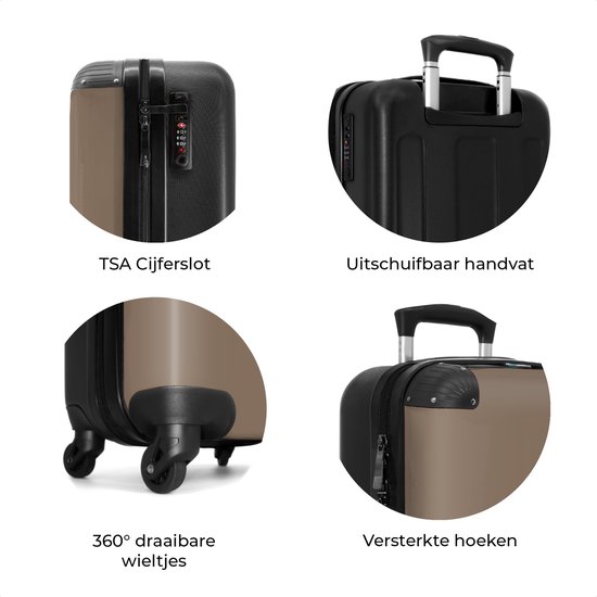 Vier cirkelvormige details: TSA-slot, uitschuifbare handgreep, 360° wieltjes en versterkte hoeken.