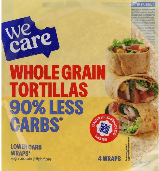 Gele verpakking met 'we care' logo, tekst 'WHOLE GRAIN TORTILLAS 90% LESS CARBS' en een afbeelding van drie gevulde wraps.