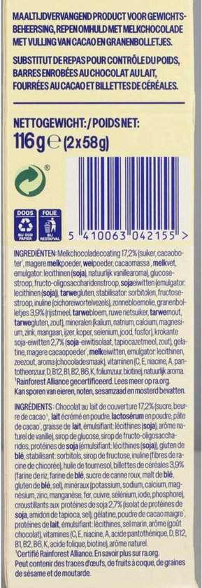Achterkant van de verpakking van We Care Choco Crisp maaltijdvervangende repen met voedingswaarde-informatie.