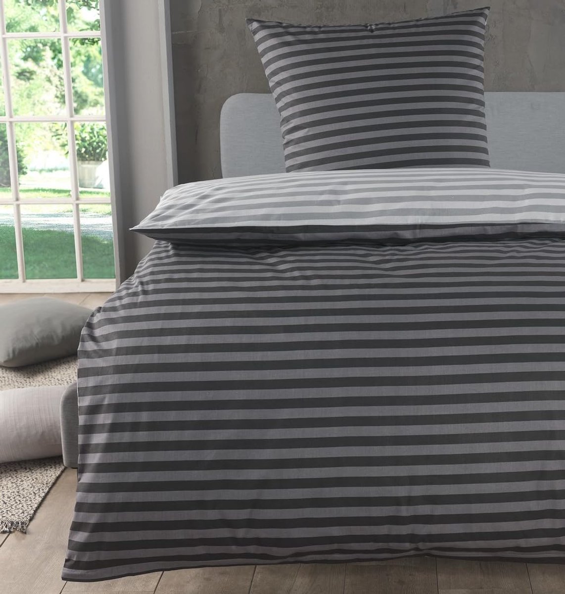 Ibenzoa® Moderne Omkeerbare Beddengoedset van Katoen met Strepenpatroon, 135 x 200 cm, Grijs