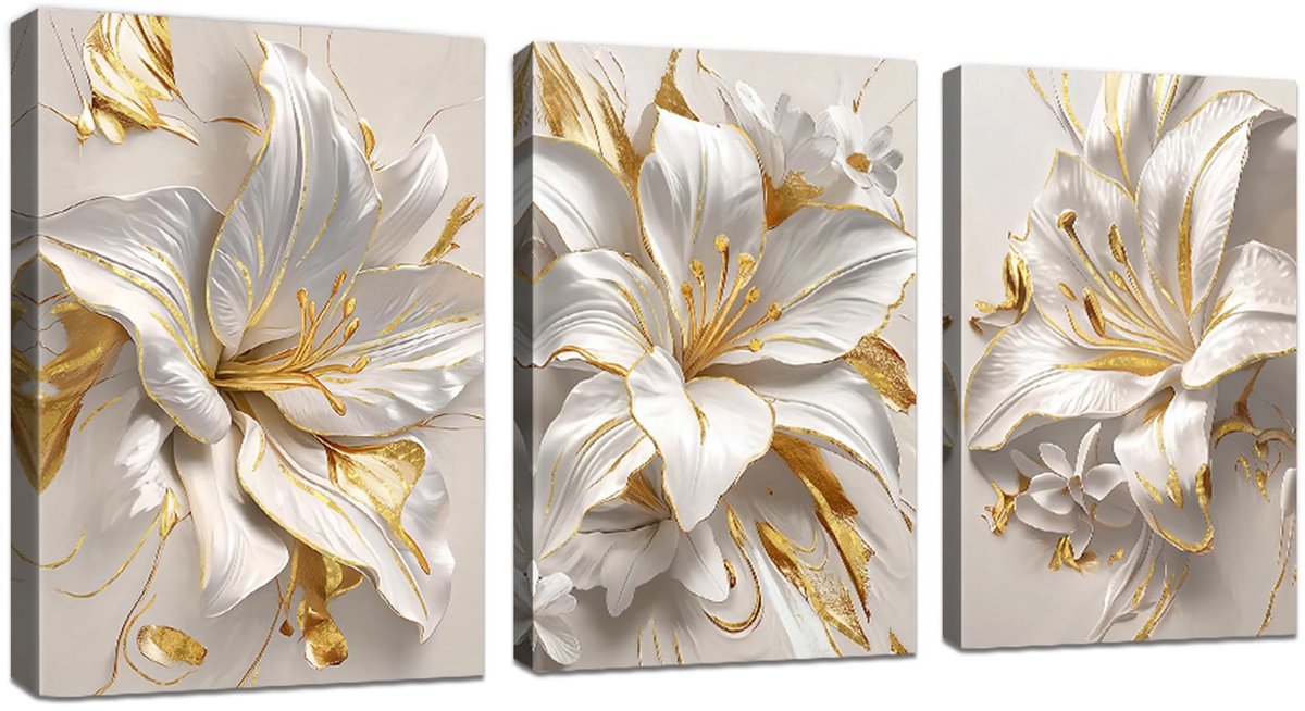 Ibenzoa Exclusieve Set van 3 Canvas Schilderijen met Gouden Lelies voor Woon- en Slaapkamerdecoratie wit