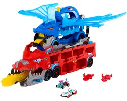 foto van Hot Wheels City - Ultieme Dubbele Draak Transportvoertuig en 2 speelgoedauto's
