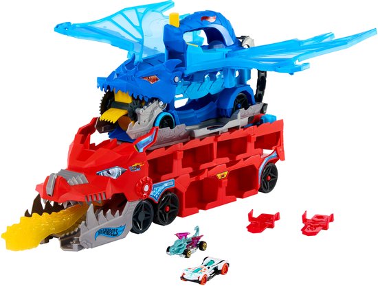 Hot Wheels City – Ultieme Dubbele Draak Transportvoertuig en 2 speelgoedauto’s