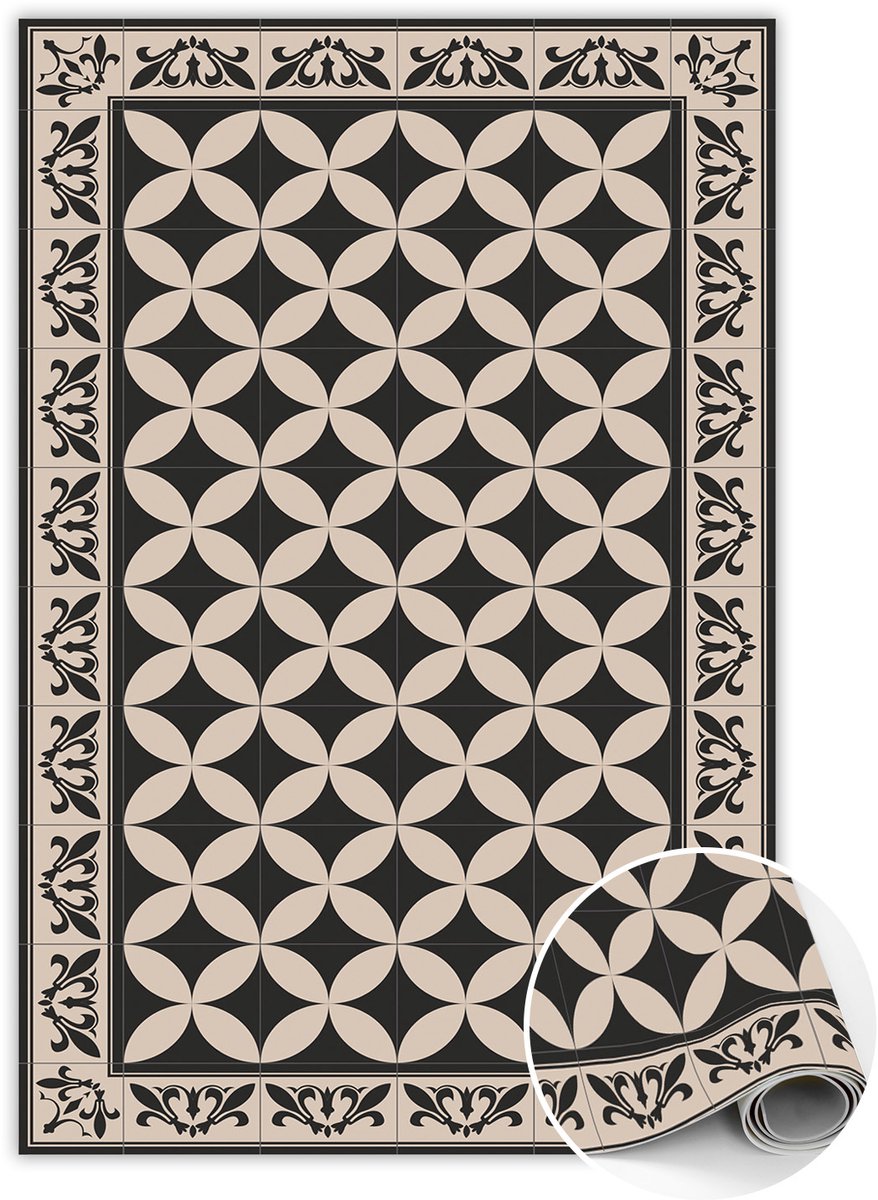 Tulup Vinyl Tapijt - Spaanse tegels Tapijt Vinyl - 60 x 90 cm - Zwart En Beige Vinyl Vloerkleed - Binnen Tapijt - Vloerkleed Op Vinyl - Slaapkamertapijt - Keukentapijt