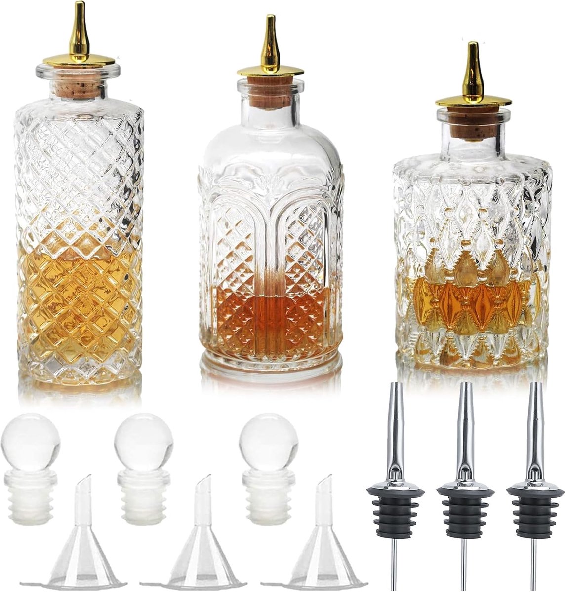 Vintage glazen dasherflessen - set van 3 - ideaal voor cocktails