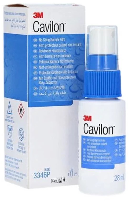 3M Cavilon sprayflacon met blauwe dop naast de kartonnen verpakking met meertalige opdruk.