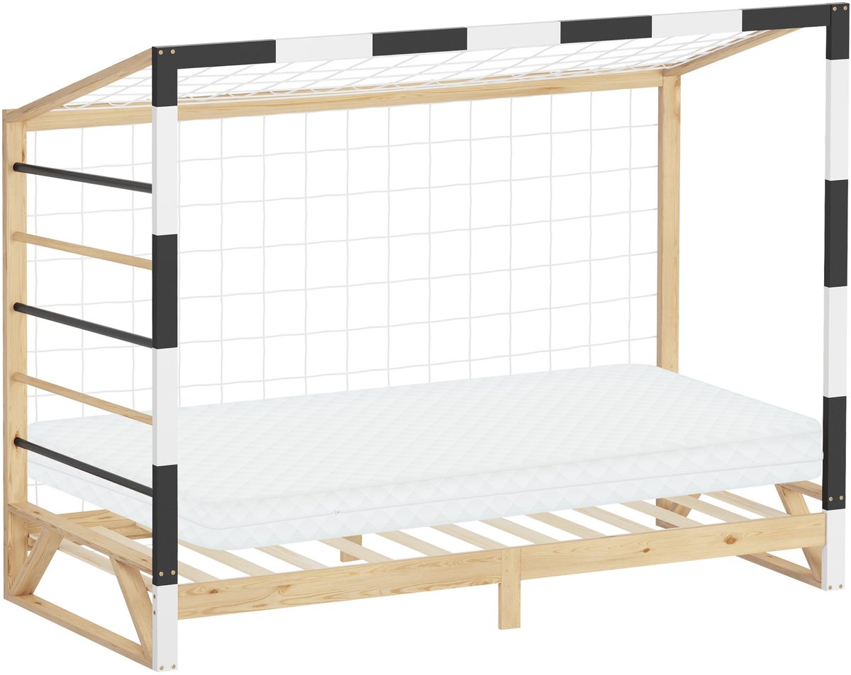 ML-Design | Kinderbed in de vorm van een voetbaldoel met matras (H: 10 cm, 90 x 200 cm), gemaakt van massief grenenhout, houten bed met lattenbodem en doelnet, handbaldoel