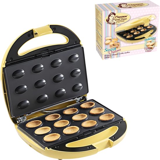 Gele koekjesmaker met 16 holtes en een doos met koekjes en chocoladepasta.
