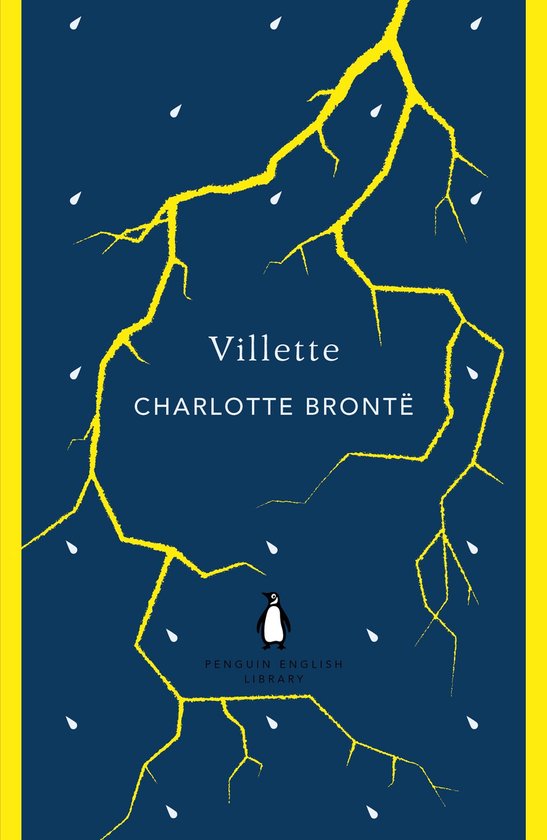 Livre "Villette" de Charlotte Brontë avec une couverture bleu foncé, des éclairs jaunes et des gouttes blanches.