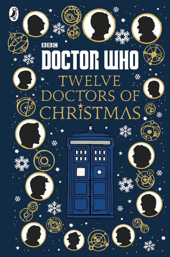 Doctor Who: Twaalf Dokters van Kerstmis, met silhouetten van dokters, de TARDIS en sneeuwvlokken op een donkerblauwe achtergrond.