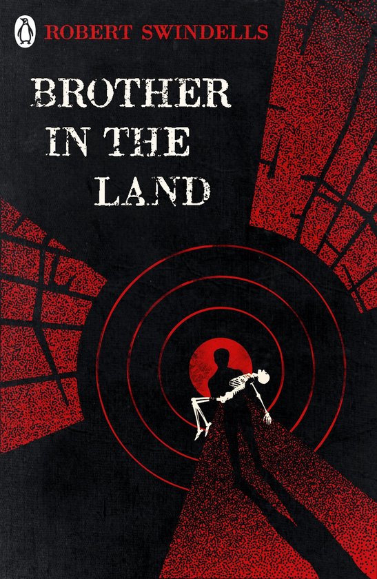 Couverture du livre 'Brother in the Land' avec des motifs rouges et noirs, un squelette et le titre.