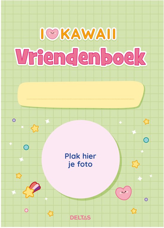 Voorpagina 'Ik hou van Kawaii Vriendenboek' met pastelkleuren, sterren, een hartje en een vak voor een foto.