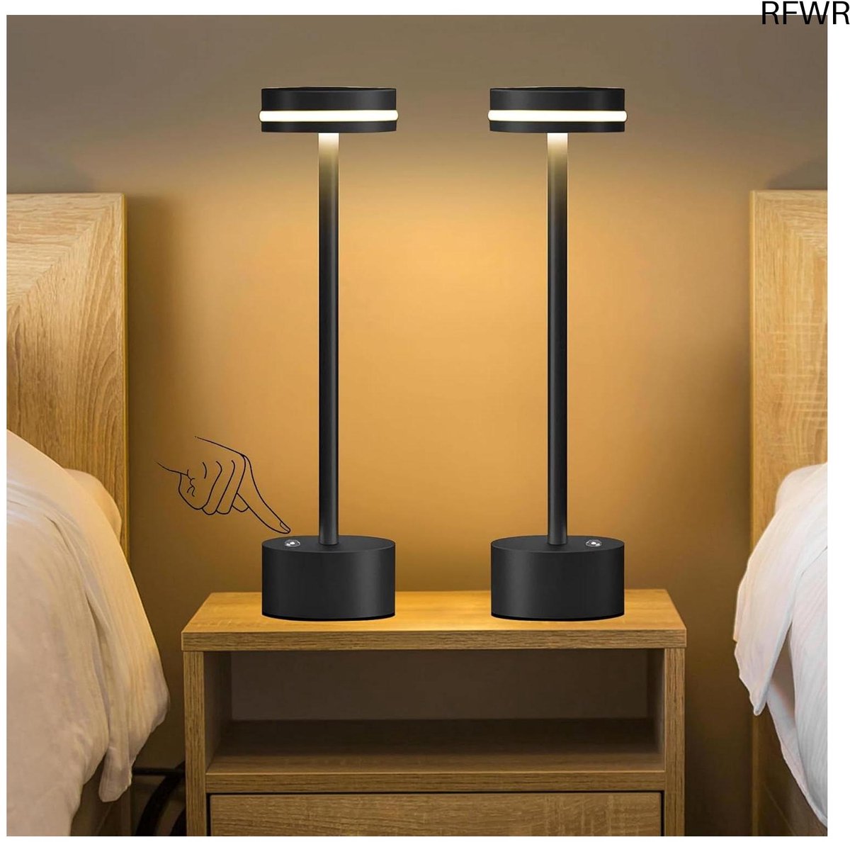 RFWR® Dimbare draadloze LED-tafellamp met USB-C oplaadbaar, 3 kleurtemperaturen, 2 stuks