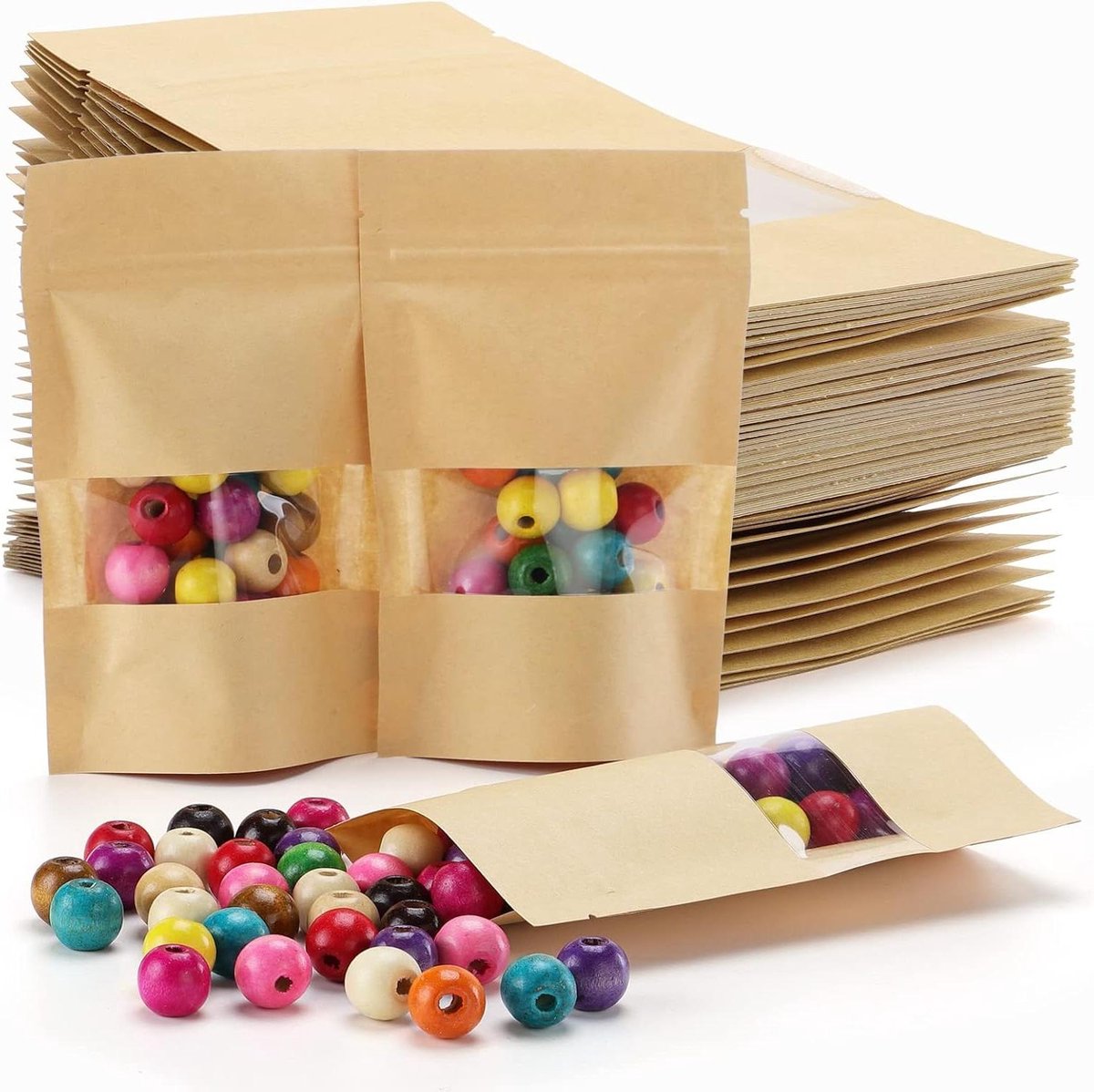 Kraftpapier voedselzakken met ritssluiting en venster voor noten en koffiebonen - herbruikbare zakjes voor voedselopslag van papier