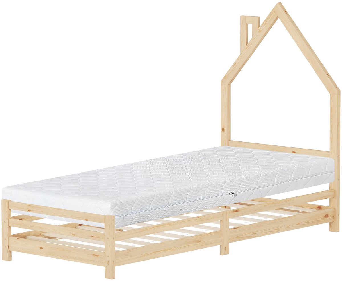 ml-design kinderbed huisserie kinderbedhuis 90x200 cm naturel met matras H:16 cm massief houten lattenbodem schoorsteendesign met glijbaan valbeveiliging vloer tot plafond bedframe voor jongens en meisjes eenpersoons speelbed zonder matras Beige