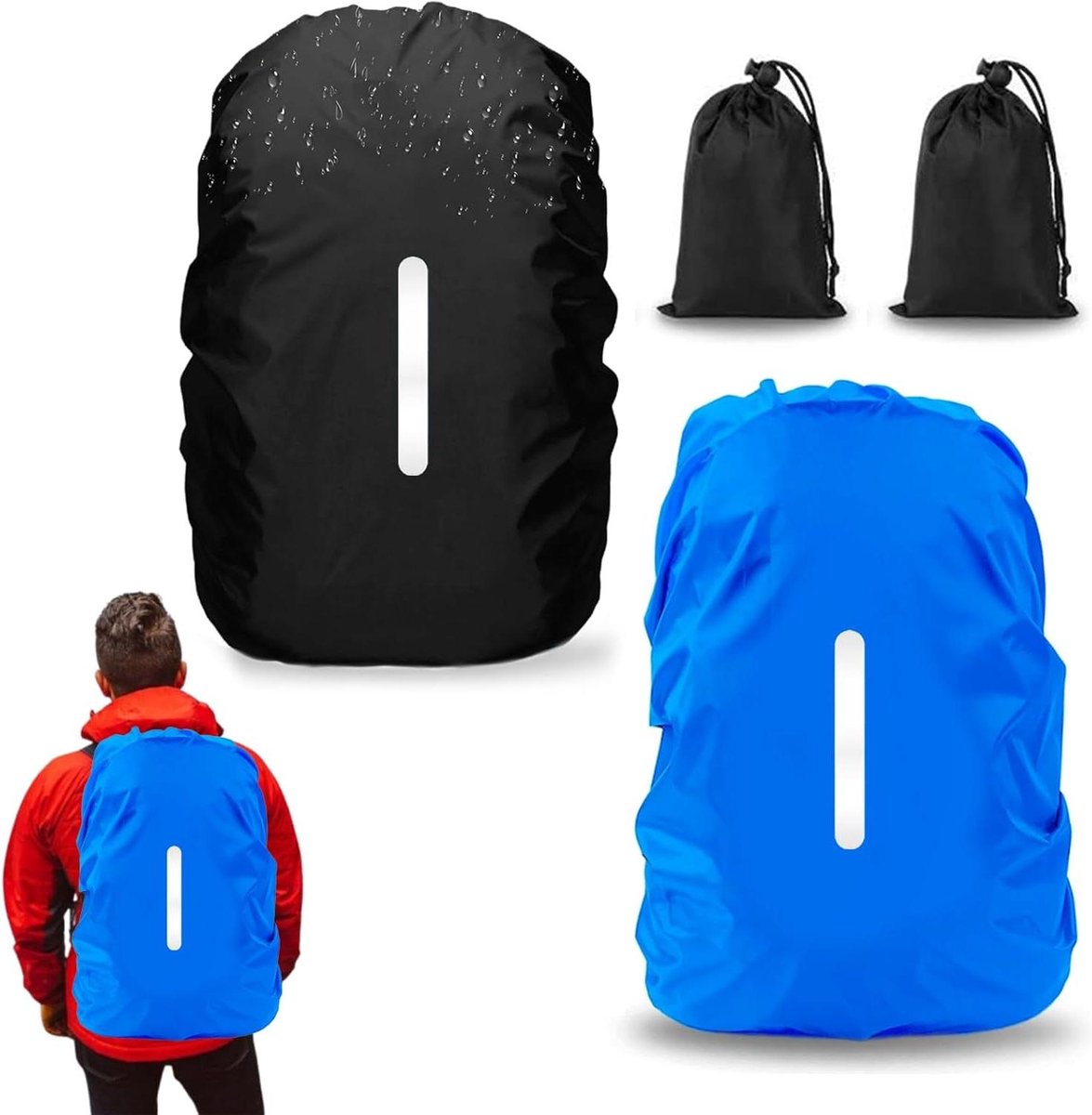 Allecto Plus - Regenhoes voor Rugzakken - Waterdicht & Antiritsbaar - Reflecterende Band - Zwart & Blauw - 2 Stuks - Afmeting 91x71 cm