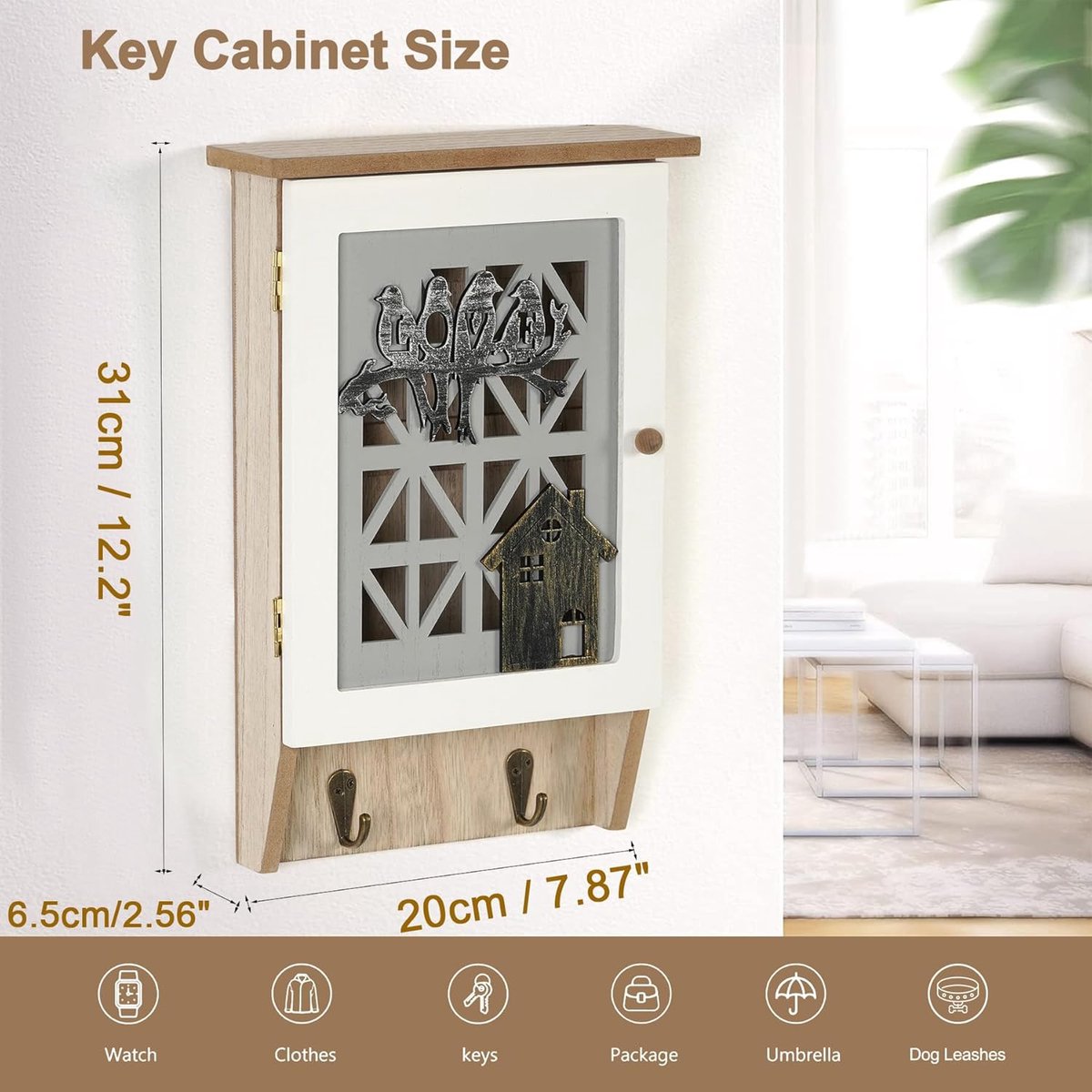 Moderne houten wandsleutelhanger, sleutelkast met 7 haken en rek, wandorganizer voor ingang, hal, keuken, kantoor, woonkamer