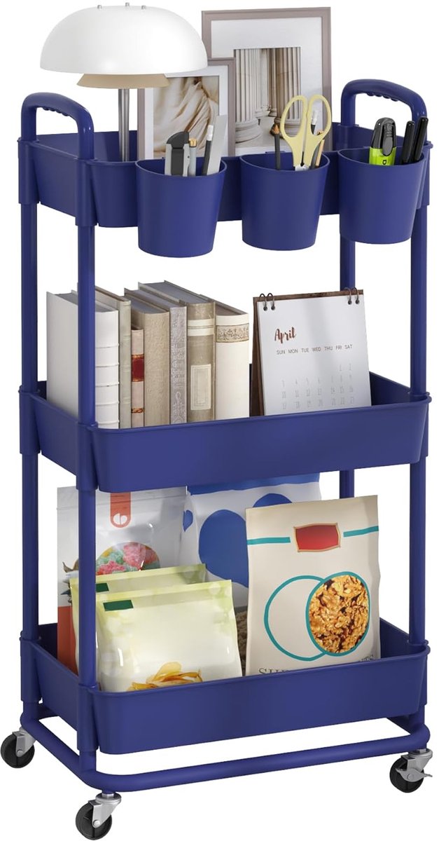 3-laags plastic opbergkar - veelzijdig - 1 stuk - blauw - kunststof