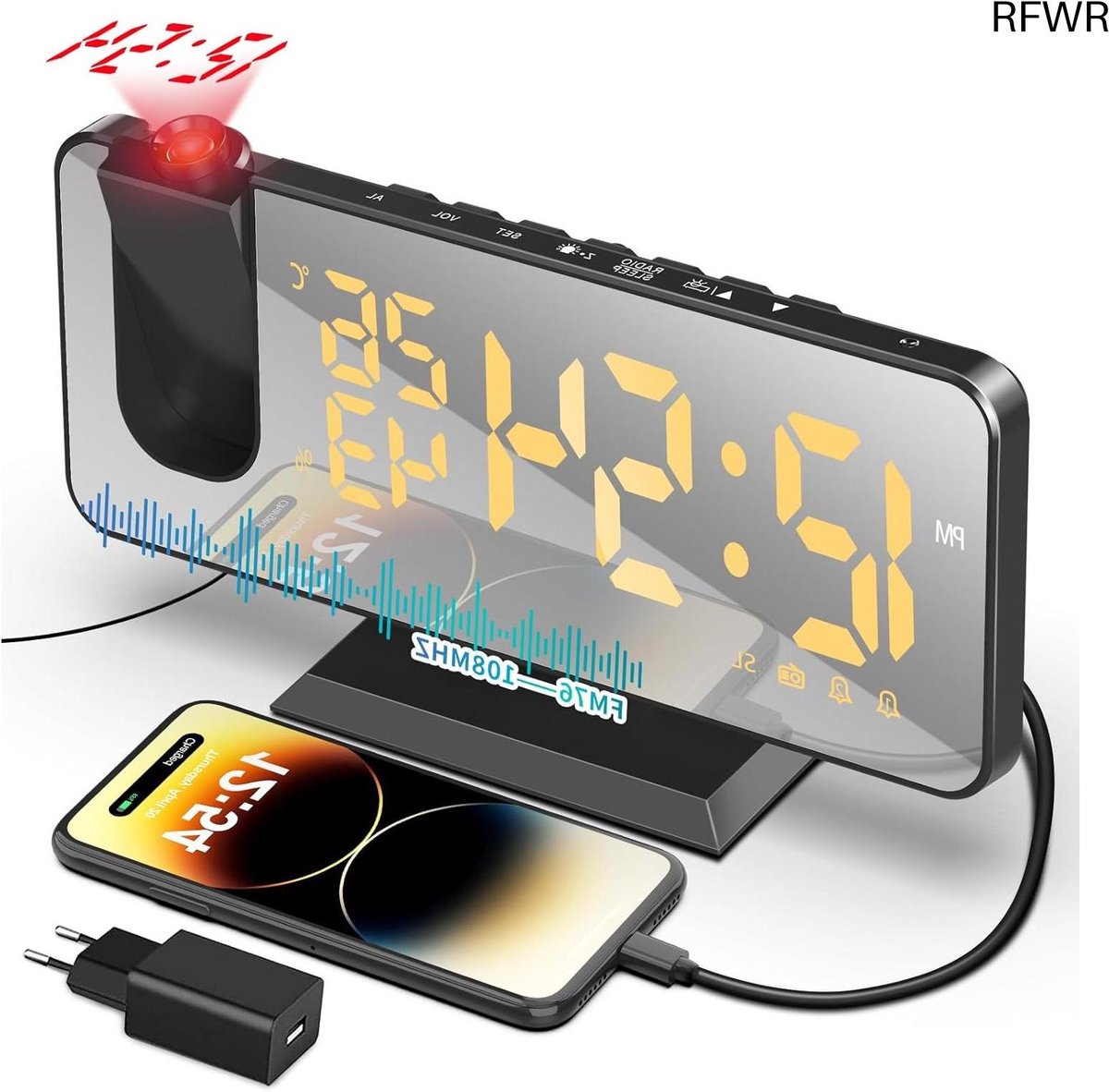 RFWR® Digitale radiowekker met projector en dubbel alarm - 7,5 inch - Plafondprojectie + FM-radio