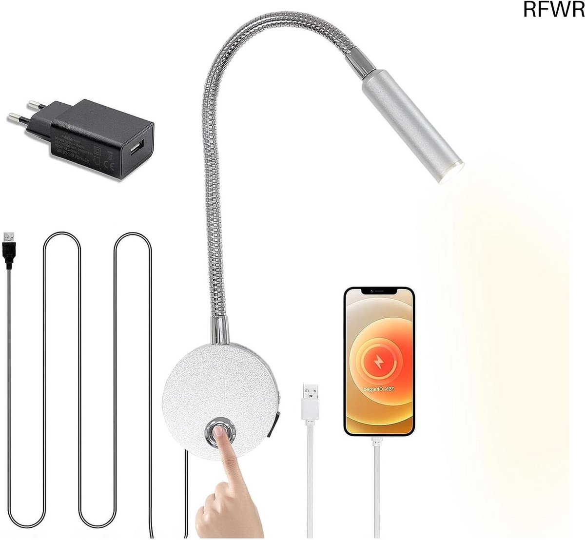 RFWR® Dimbare Leeslamp met Aanrakingsschakelaar en USB-oplaadpoort voor Aan de Wand