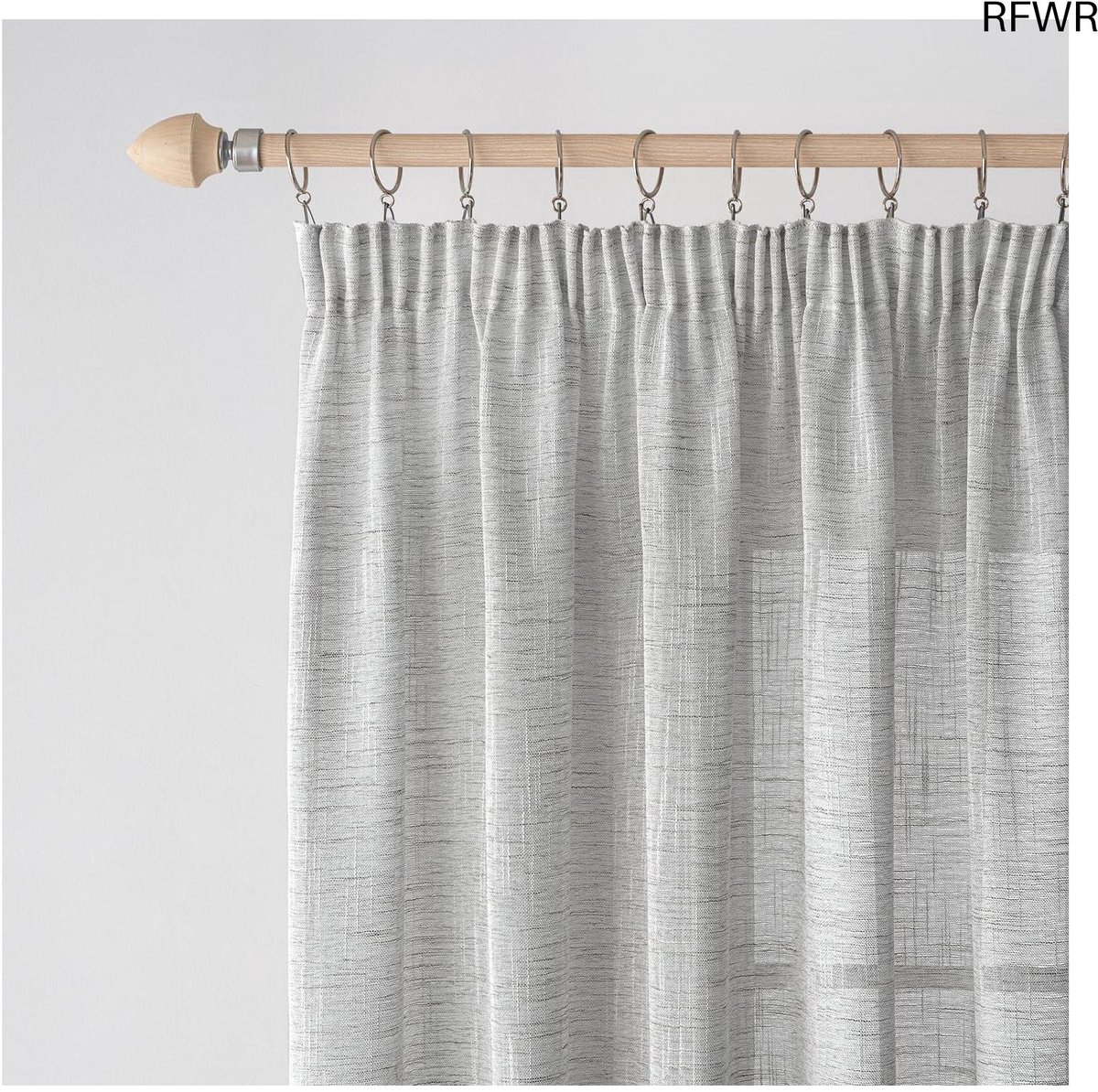 RFWR Transparante linnen gordijnen met plooiband - set van 2, 140 x 215 cm, elegant voor woonkamer en slaapkamer Wit Grijs