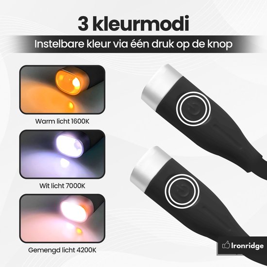 Ironridge® Neklamp - Nek Leeslamp - LED Leeslampje - Flexibele LED Leeslamp - Neklampje voor haakwerk - Bedlamp - USB-C Oplaadbaar leeslampje - 3 Lichtkleuren - Zwart van Ironridge® — afbeelding 4