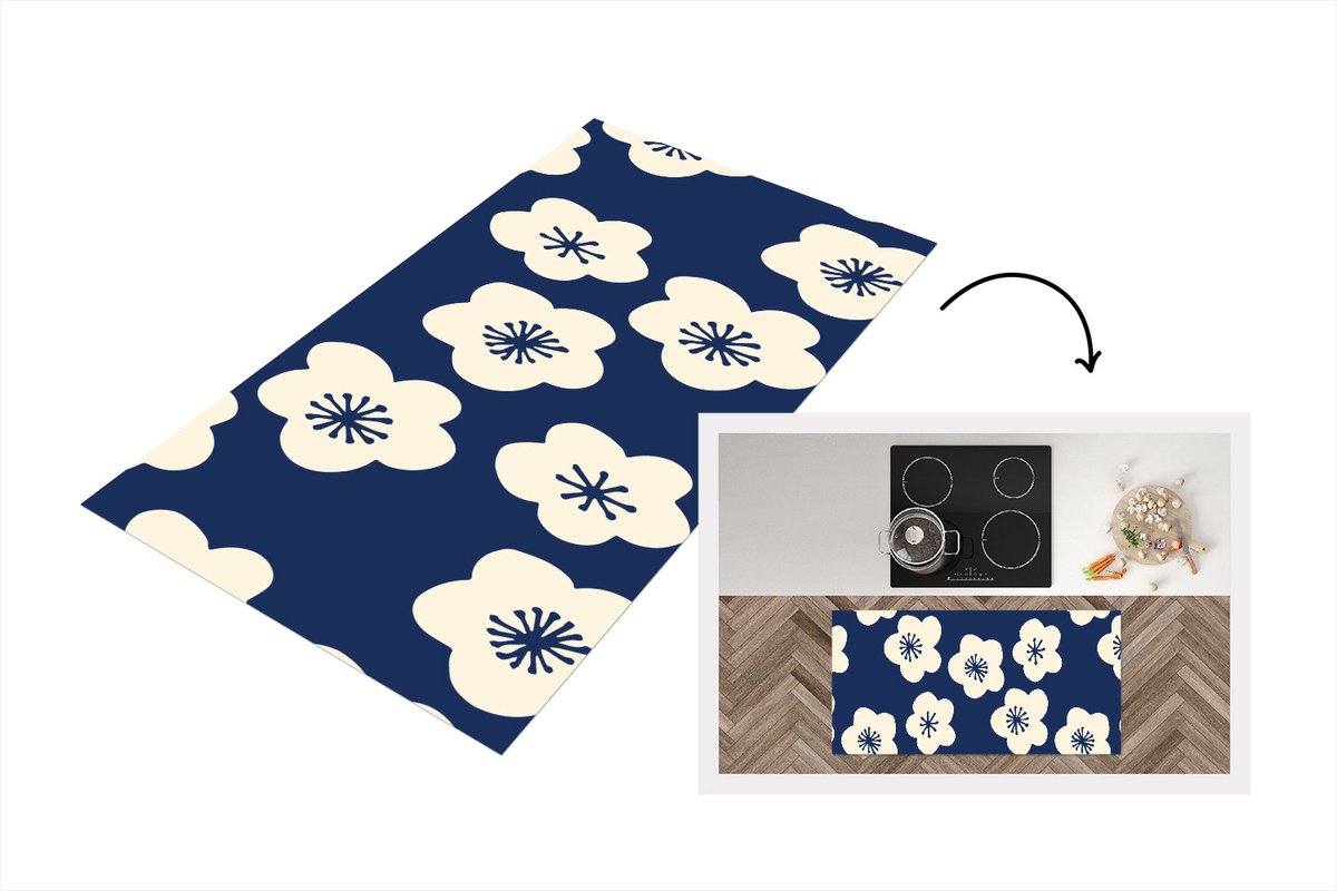 KitchenYeah Keukenloper 120x60 cm - Keukenmat vinyl Sakura - Wit - Patroon - Japan - Keukenmatten loper - Keuken vloerkleed tapijt